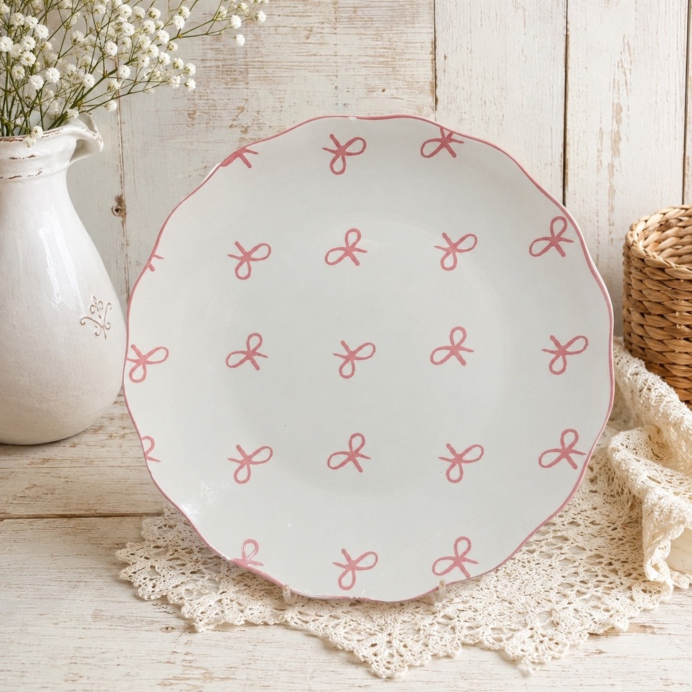 Godinger Pink Bow Scalloped Salad Plate White Ceramic Coquette 8 Inch